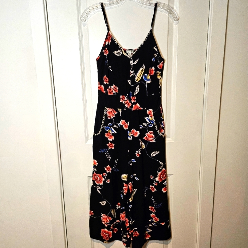 Eyeshadow Black Floral S Jumpsuit Wide Leg Spaghetti Strap Boho Cropped Casual - Picture 3 of 15